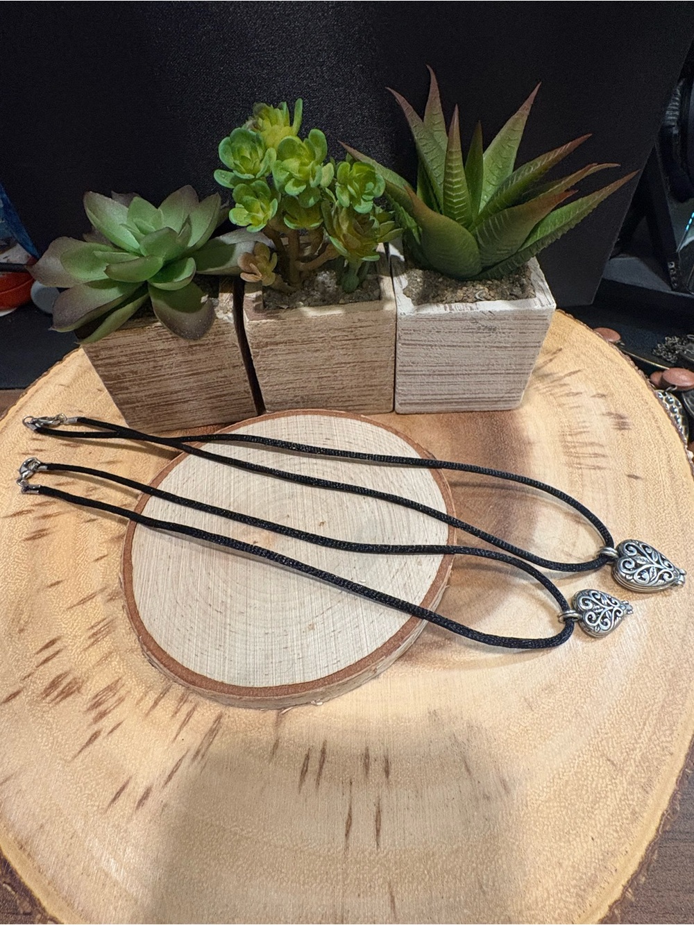 Vintage Black Cord Necklaces with Silver Heart Pendants